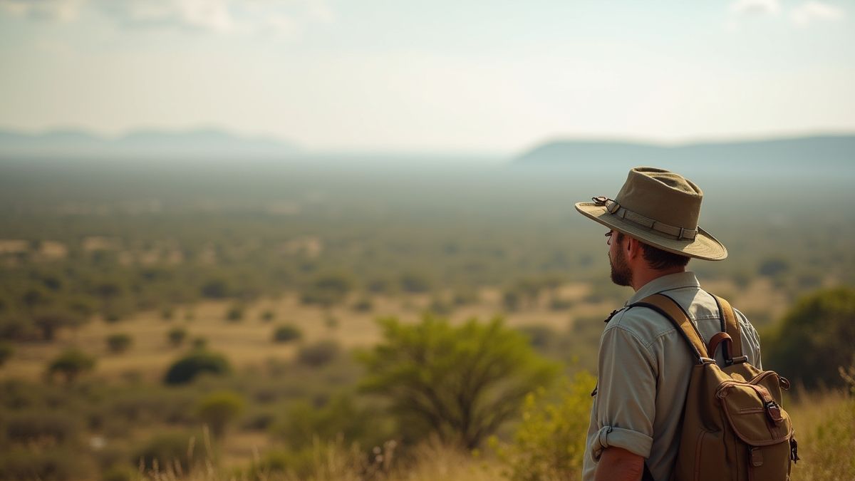 An explorer in safari gear gazing over an African landscape.