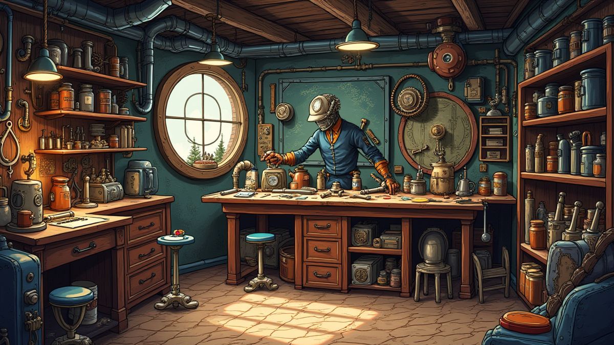 Steampunk-Werkstatt mit Werkzeugen und Zahnrädern.