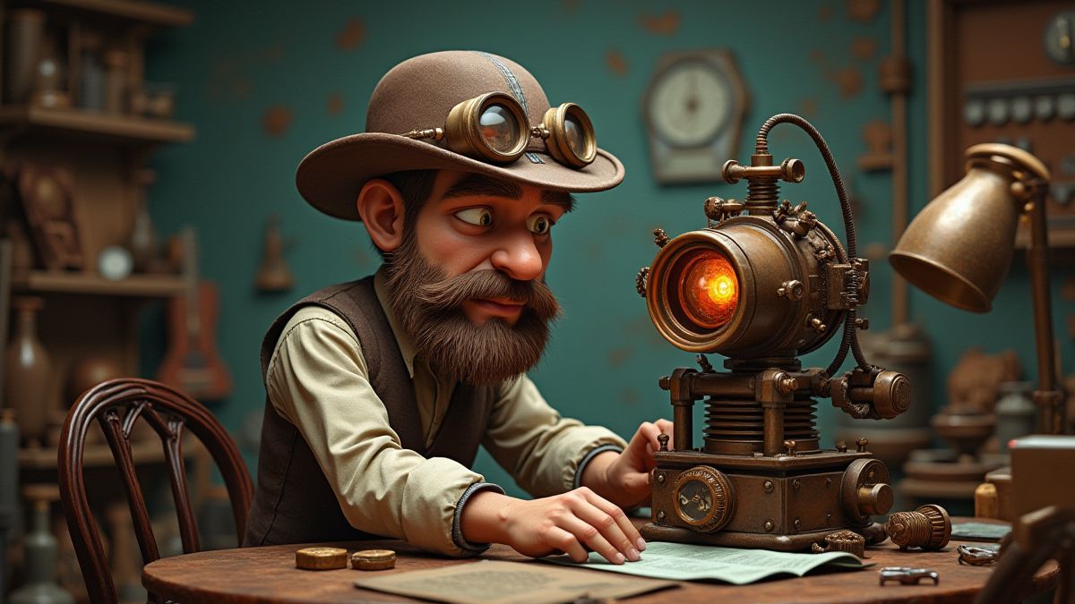 Steampunk-Erfinder, der an einer Maschine arbeitet.