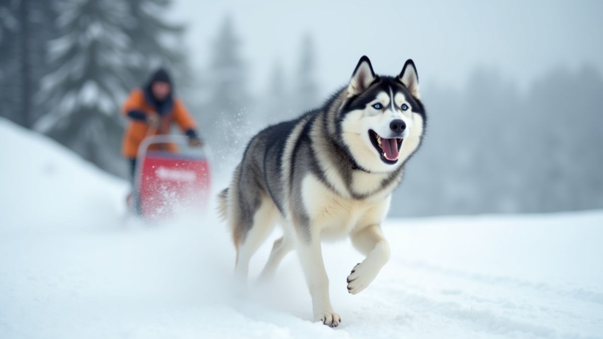 Carrera de huskies en la nieve.