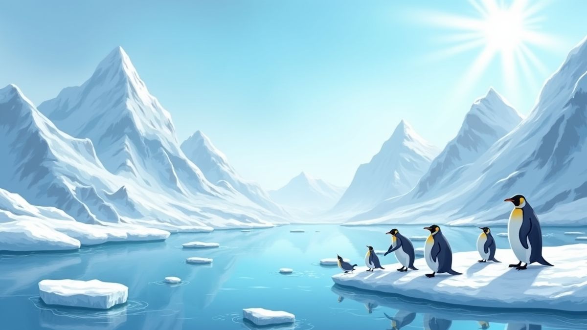 Paisaje ártico con pingüinos jugando en el hielo.