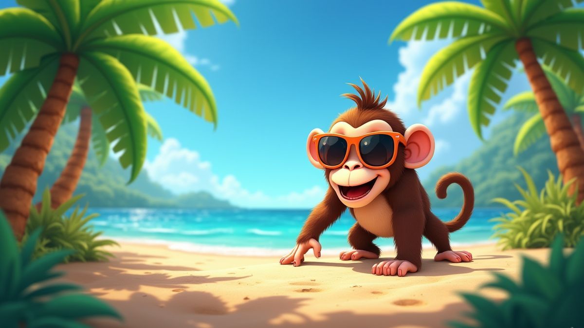 Tropischer Strand mit Bananenbäumen und einem animierten Affen mit Sonnenbrille.