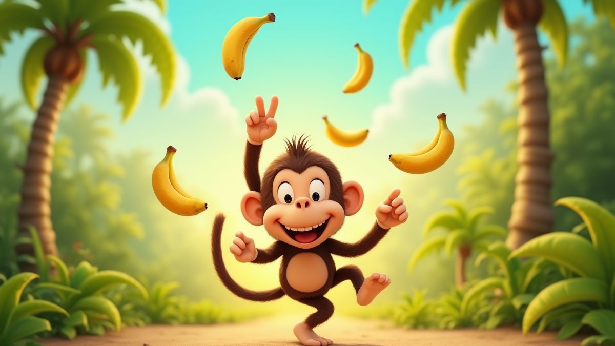 Ein animierter Affe, der Bananen in die Luft wirft, mit einem sonnigen tropischen Hintergrund.