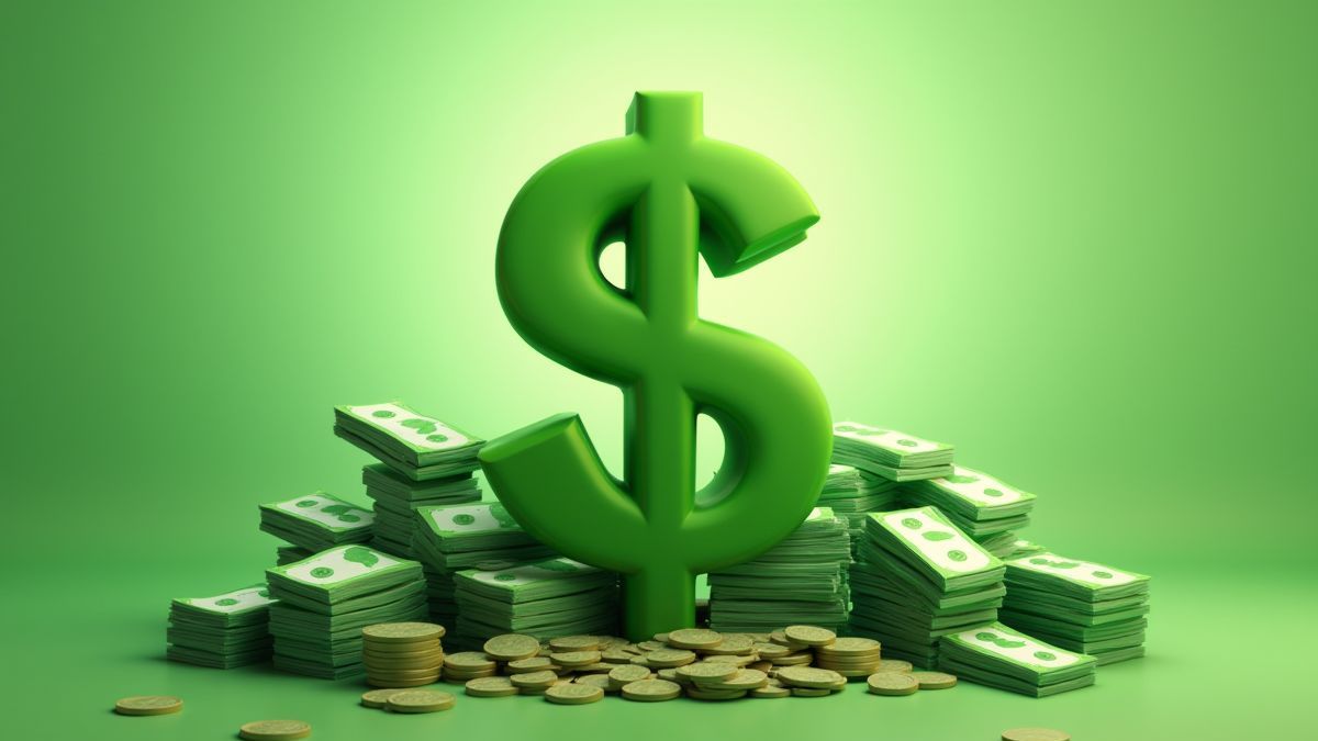 Símbolo de dólar animado rodeado de billetes y monedas.