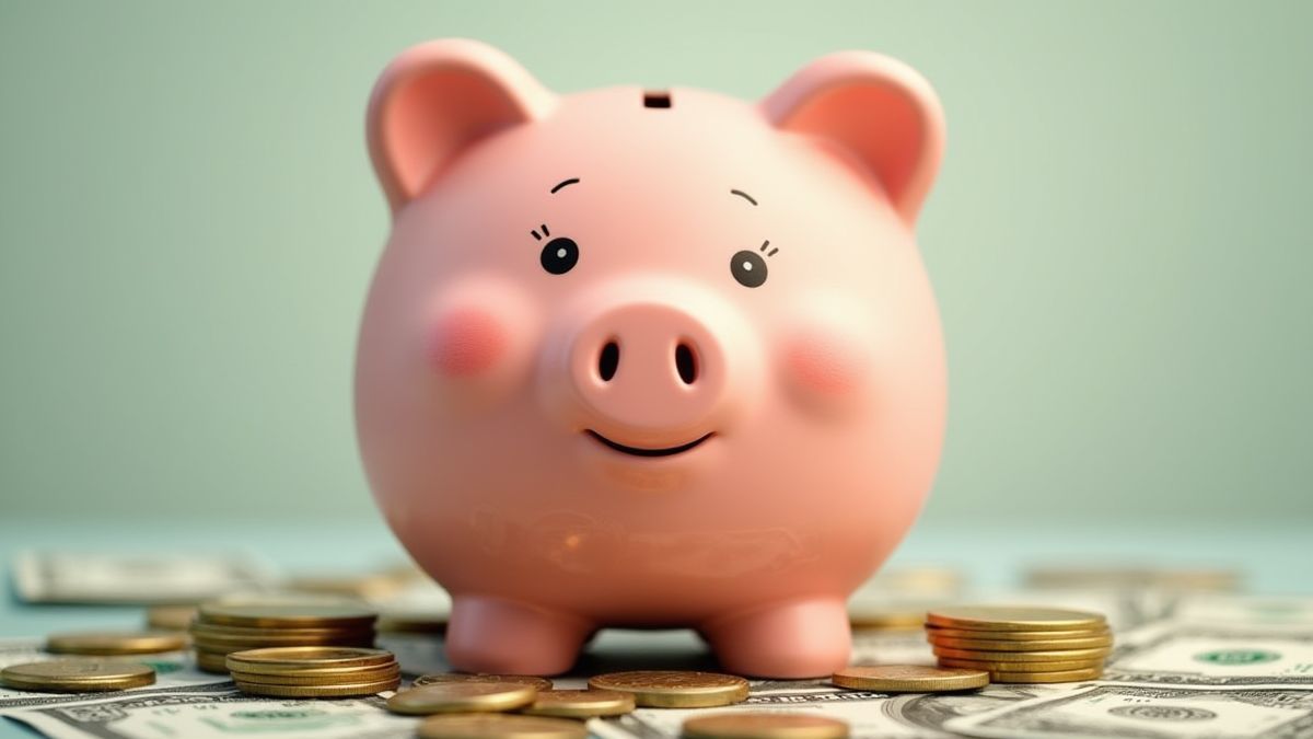 Hucha rodeada de monedas y billetes.