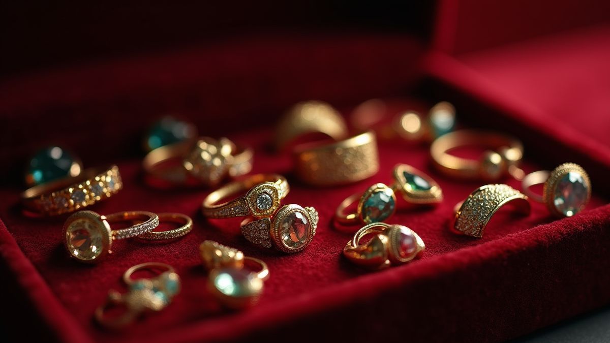 Una caja de joyas de terciopelo con anillos de oro y gemas bajo una iluminación suave.