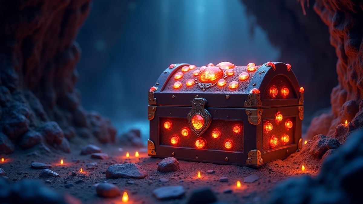 Un cofre del tesoro lleno de joyas brillantes en una cueva mágica.
