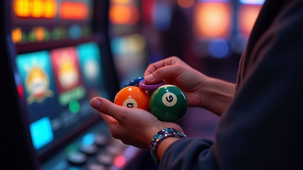 Player holding billiard balls and chips near a slot machine screen.