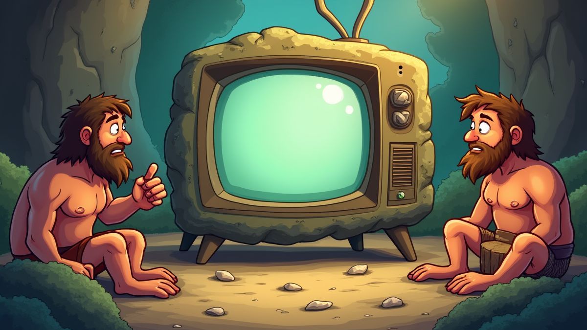 Ein Fernseher aus Stein umgeben von Höhlenmenschen.