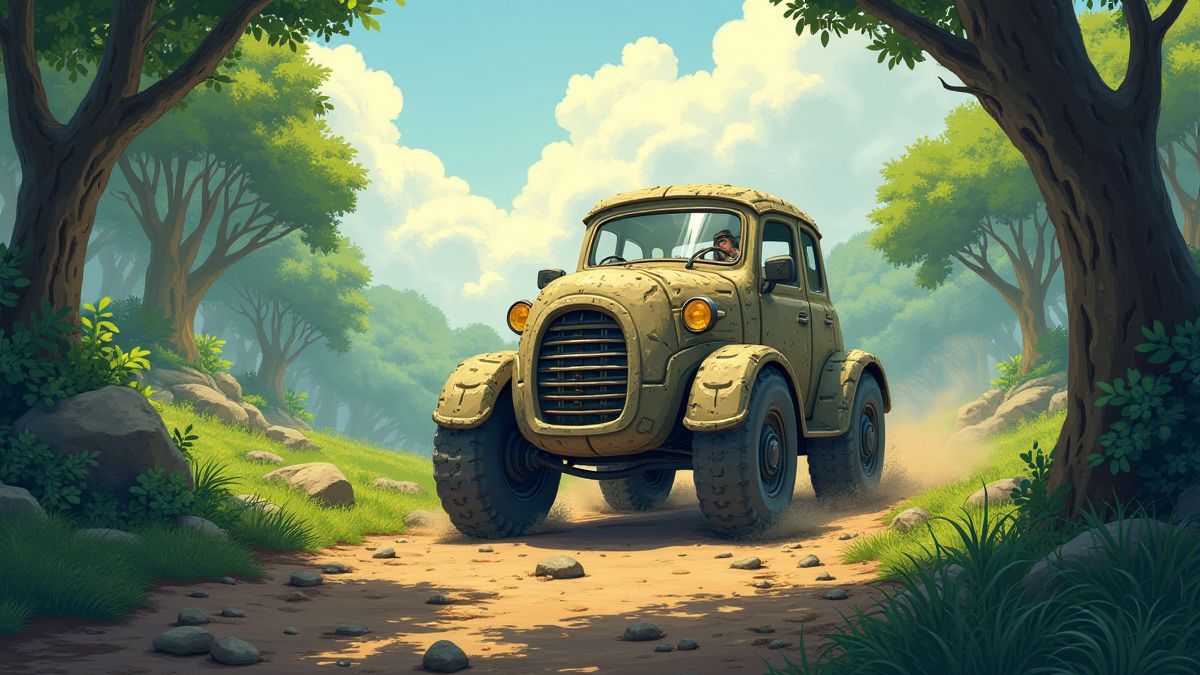 Ein Steinauto, das durch einen prähistorischen Wald fährt.
