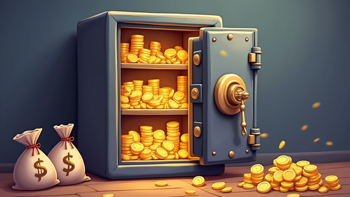 Cartoon-style safe filled with gold coins and money bags.