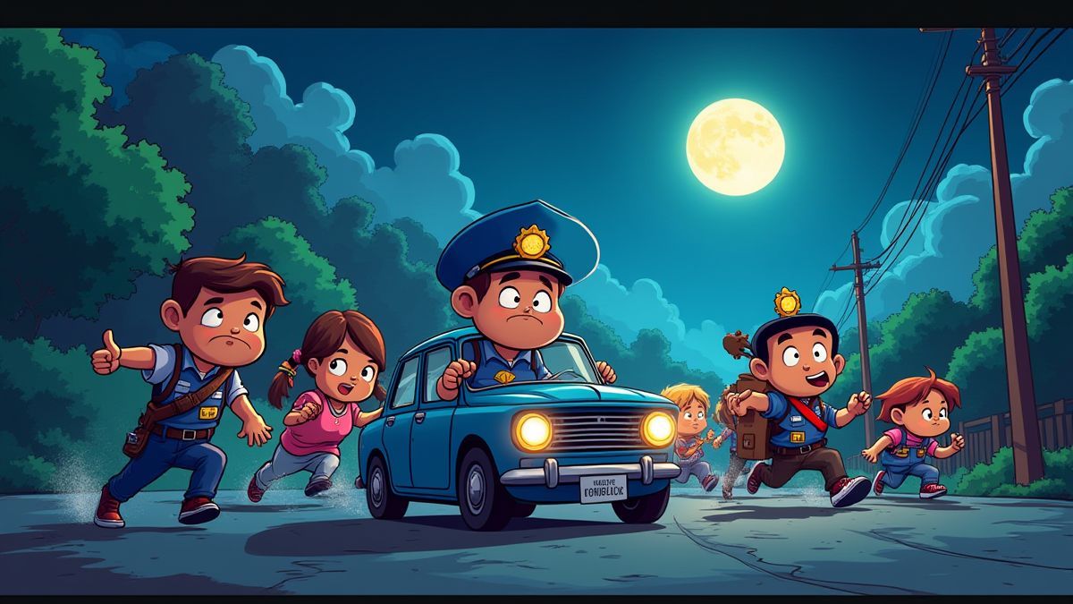 Nighttime police chase with colorful characters in cartoon style.