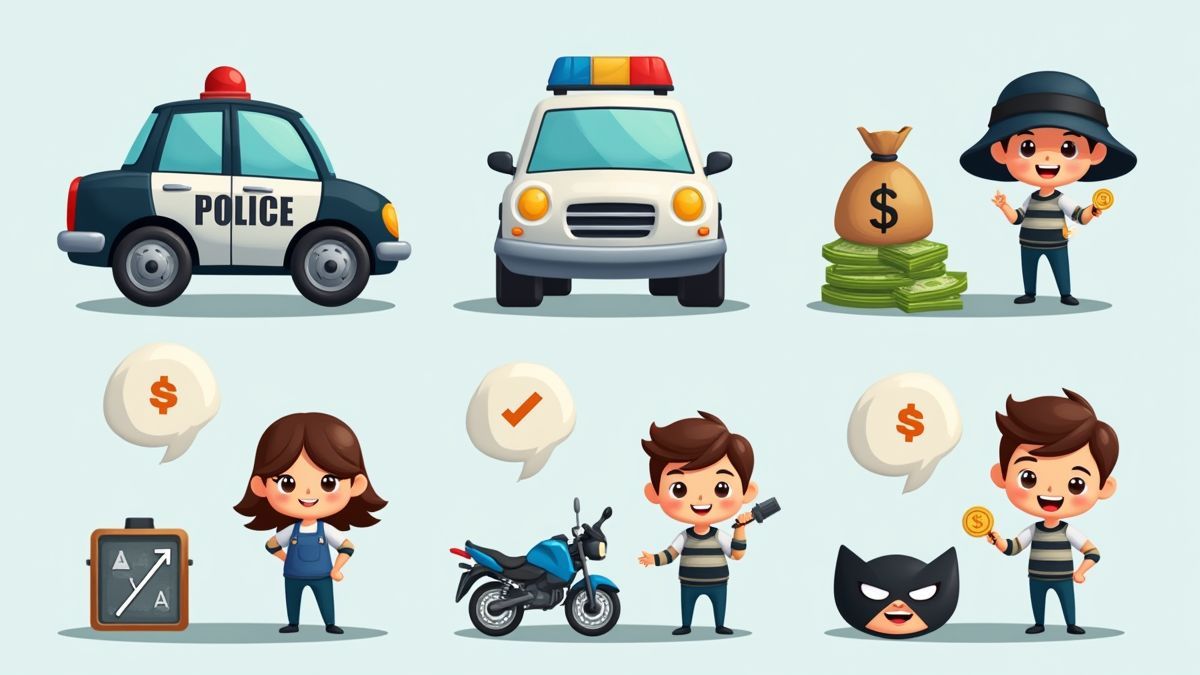 Icônes animées représentant des voitures de patrouille, des sacs d'argent et des masques de voleur.