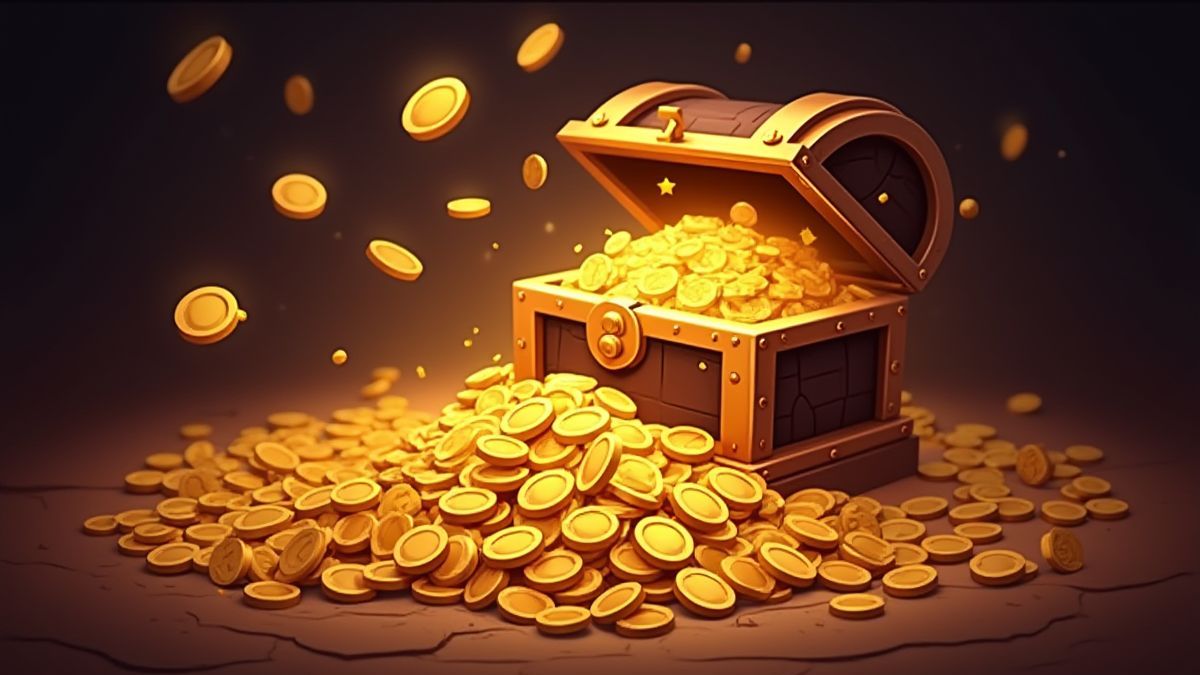 Une scène animée d'un jackpot avec des pièces d'or et un coffre au trésor brillant.