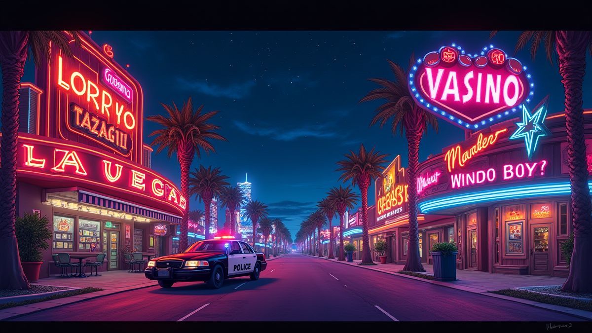 Eine Straße von Las Vegas beleuchtet mit Neonlichtern und einem Polizeiauto.