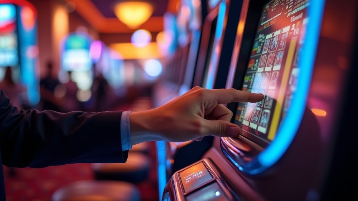 Eine Hand, die auf einem Spielautomaten in einem lebhaften Casino setzt.