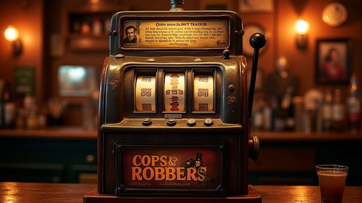 Vintage-Spielautomat mit Polizei- und Dieb-Thematik in einer gemütlichen Kneipe.