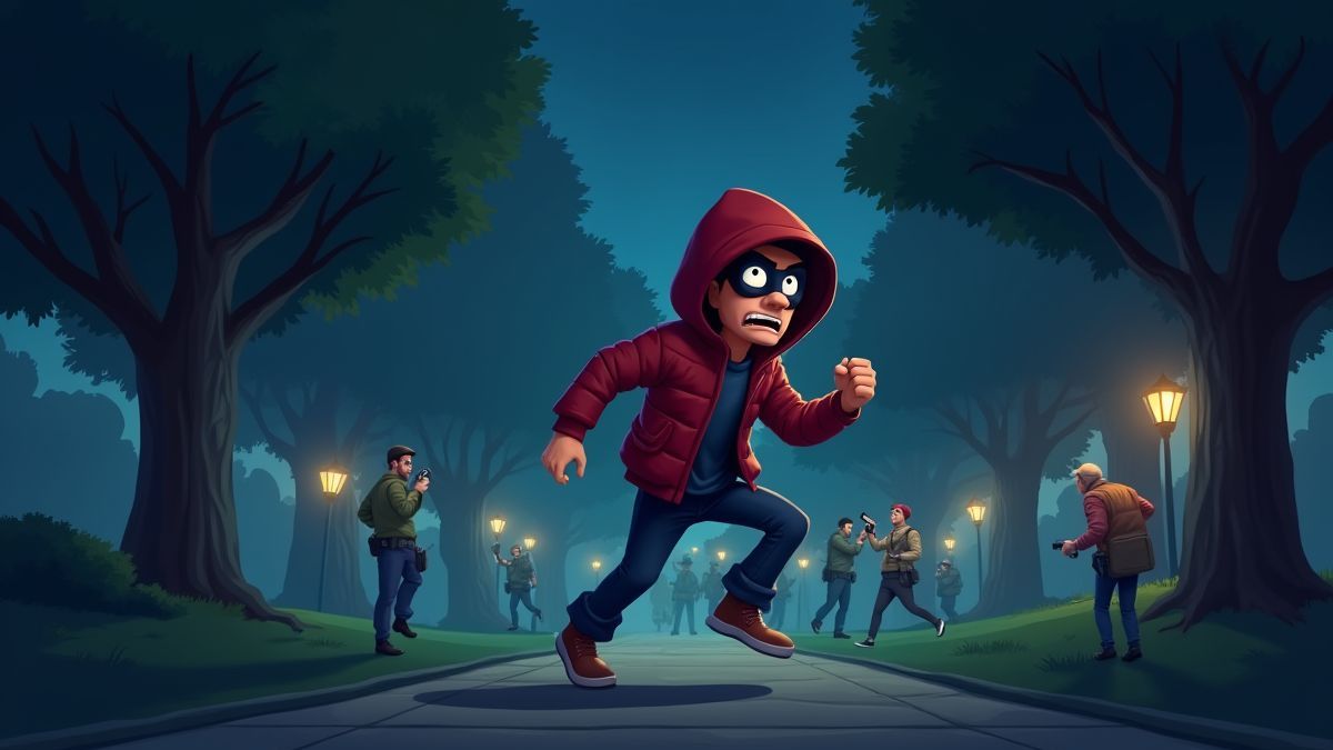 Ein Dieb, der nachts durch einen Park flieht, während die Polizei ihn verfolgt.