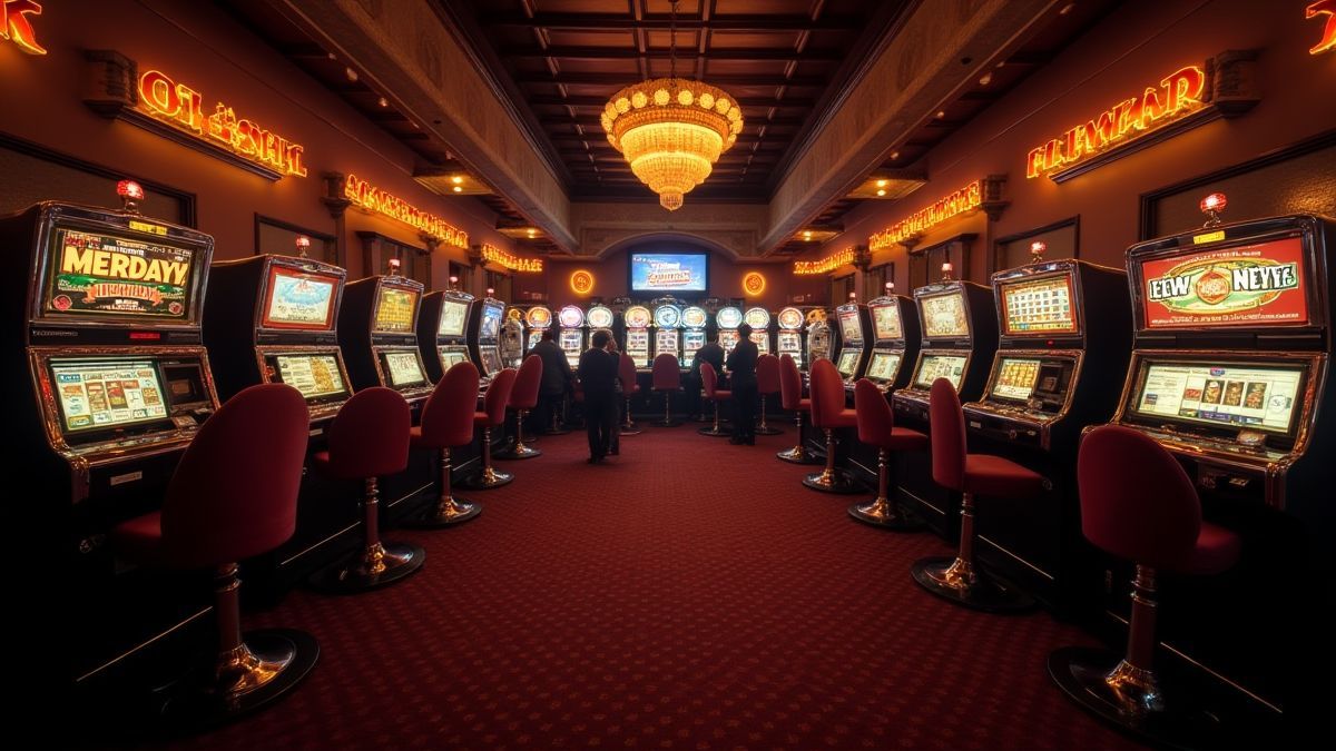 Spieler, die klassische Spielautomaten in einem vintage Casino genießen.