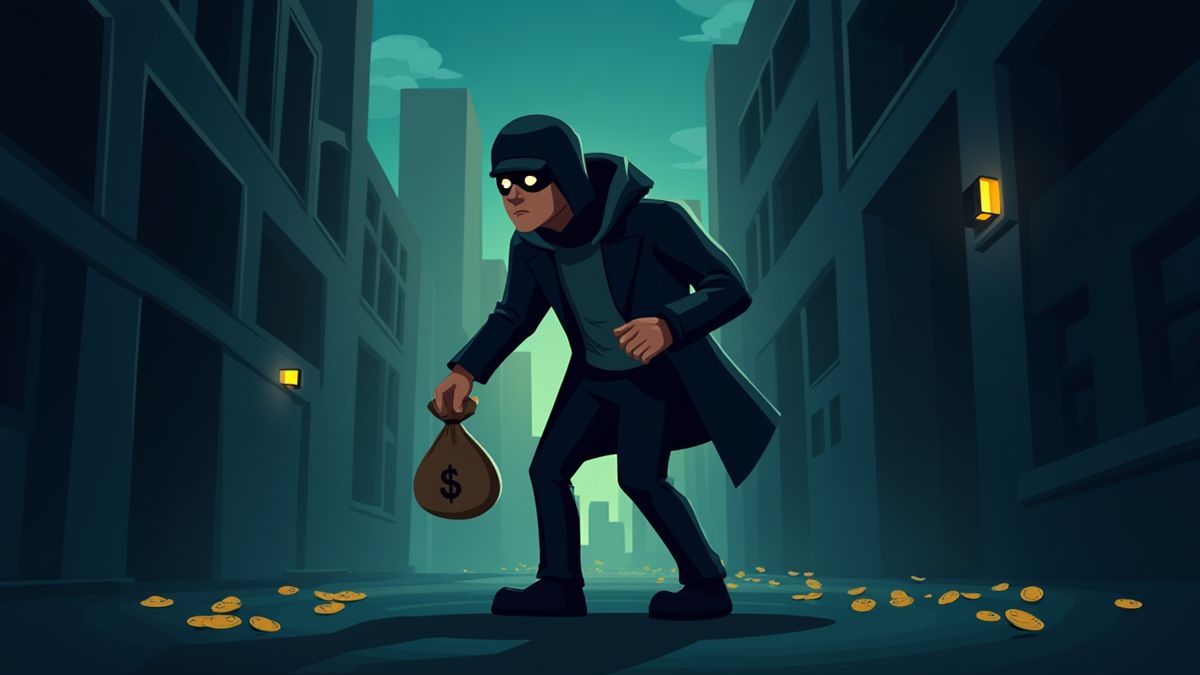 Um ladrão segurando uma bolsa de dinheiro em um beco escuro iluminado por luzes da cidade.