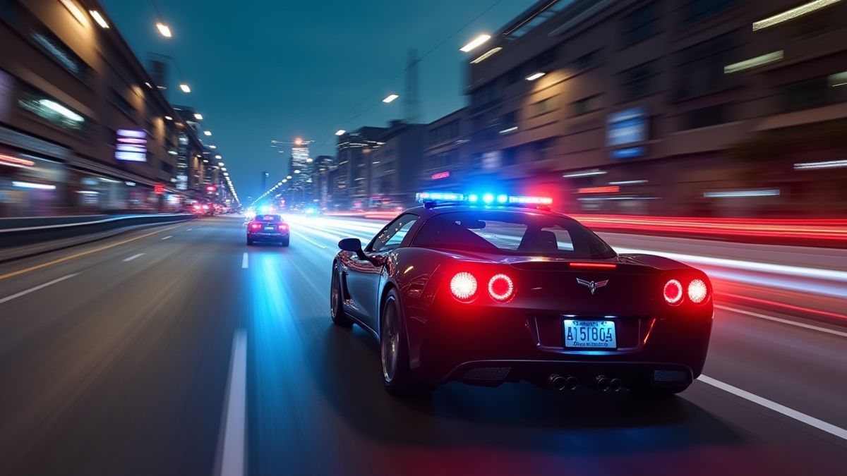Uma perseguição emocionante com luzes policiais e um carro fugindo pelas ruas.