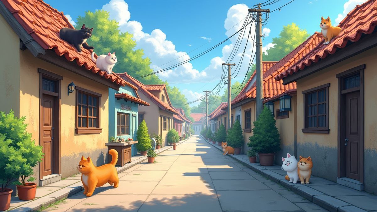 Katzen spielen auf einer lebhaften Straße mit leuchtenden Farben.