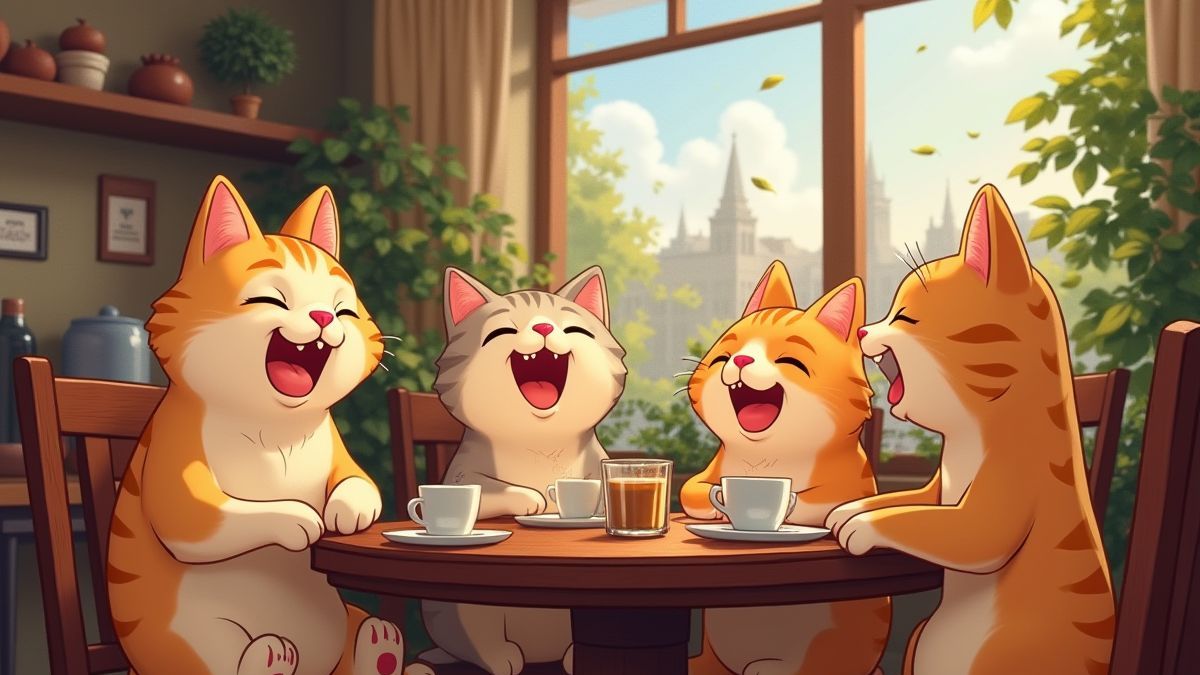 Animierte Katzen in einem städtischen Café mit entspannter Atmosphäre.