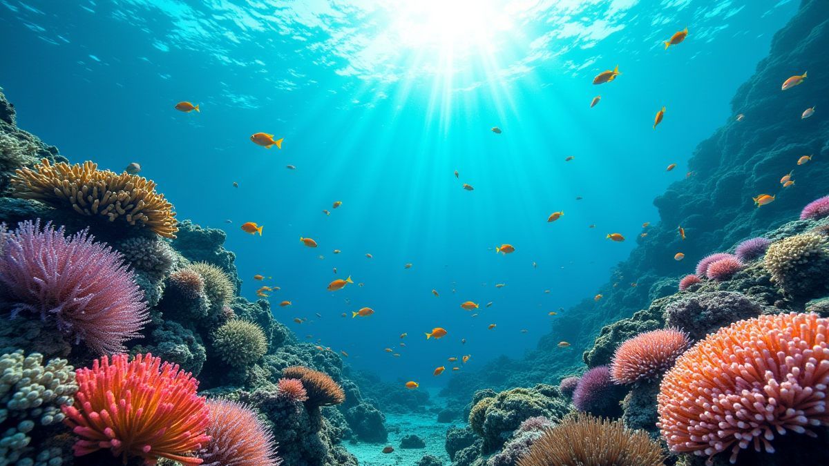 Vista submarina con arrecifes de coral coloridos y peces tropicales.