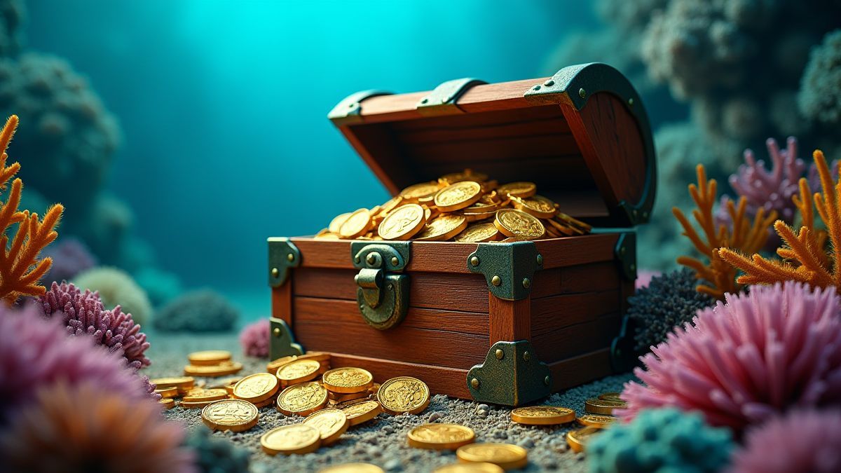 Cofre del tesoro rodeado de corales y monedas de oro.