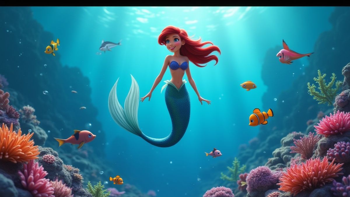 Sirène nageant parmi des poissons exotiques et des coraux vibrants.