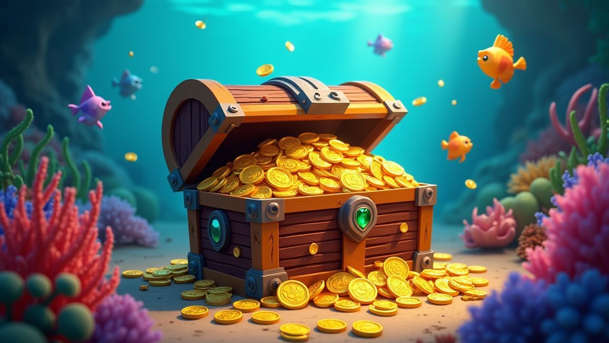 Coffre au trésor rempli de pièces d'or et de bijoux entouré de vie marine.