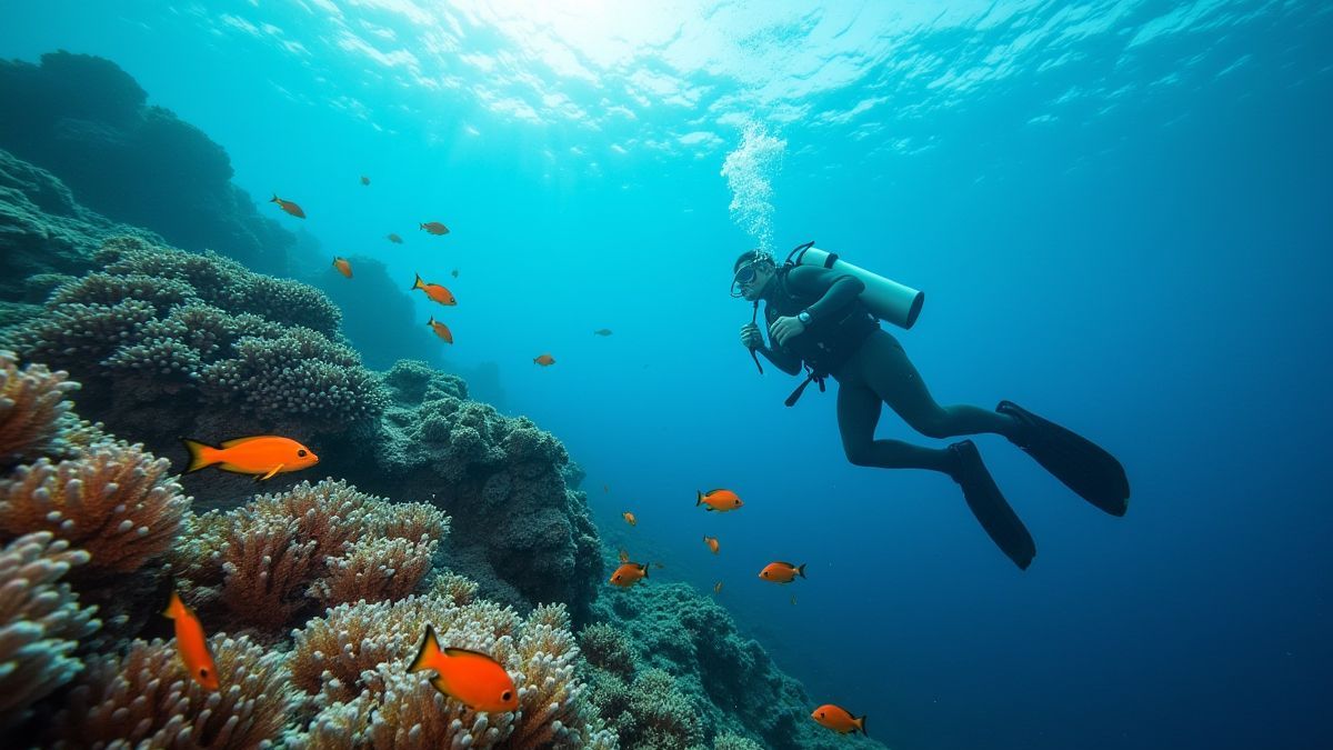 Plongeur explorant un récif de corail entouré de poissons vibrants.