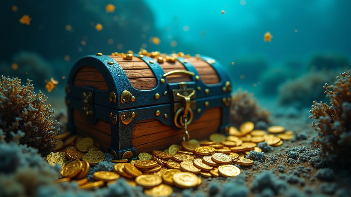 Schatkist onder water met gouden munten en marien leven