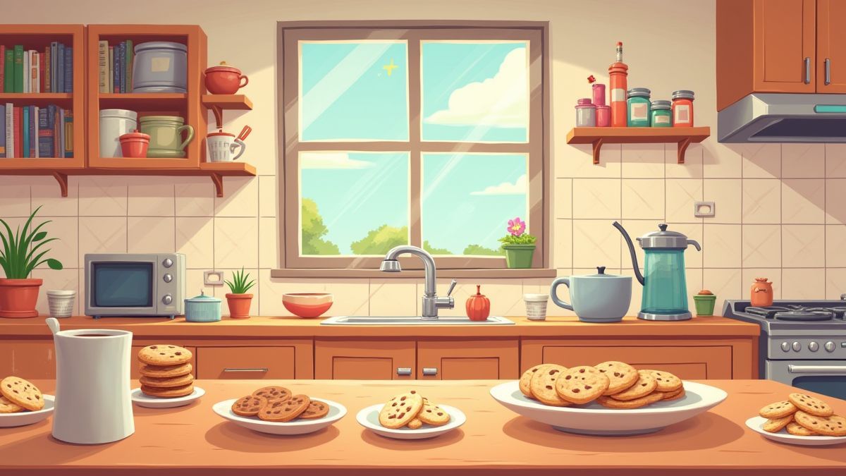 Cozinha animada cheia de biscoitos e guloseimas.