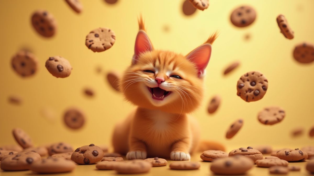 Um gato laranja brincando com biscoitos que caem ao redor.