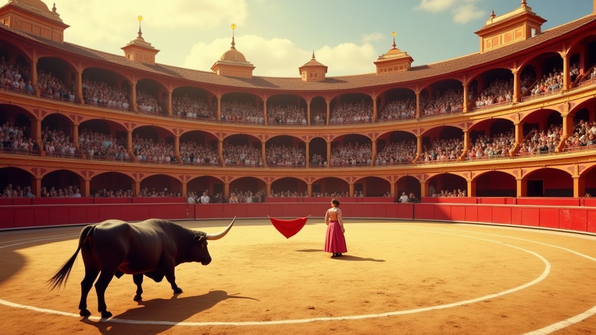 Design de uma praça de touros espanhola com matadores e touros em um ambiente animado.