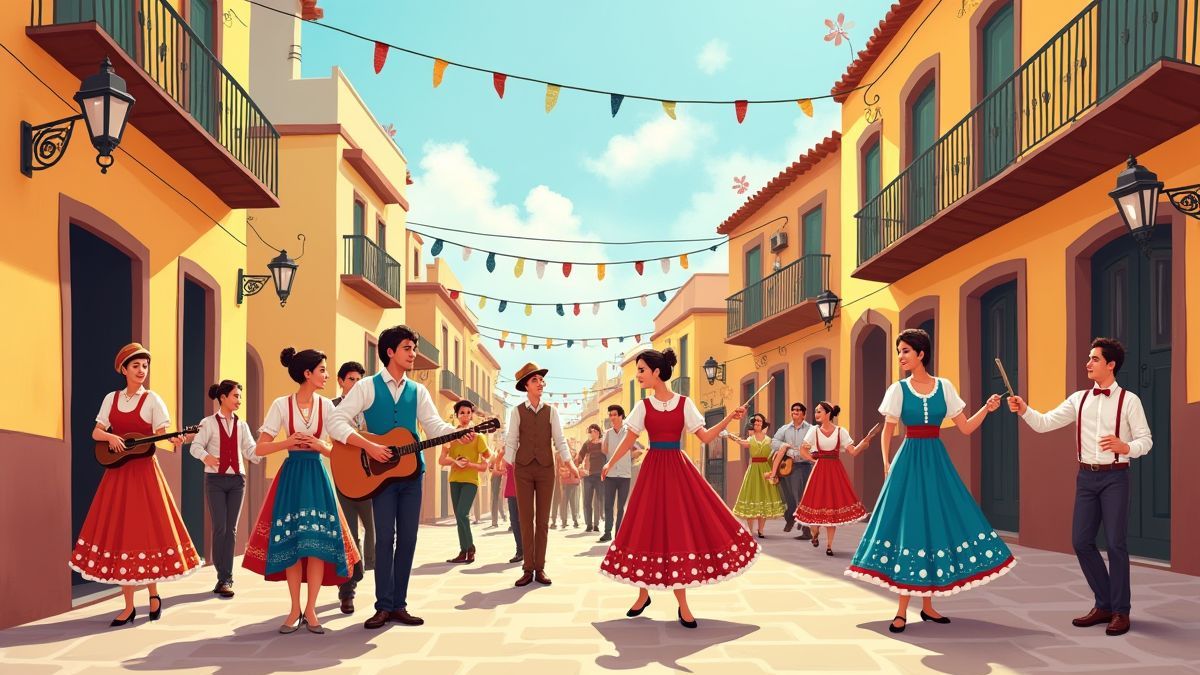 Ilustração de um festival de rua espanhol com música e dança tradicional.