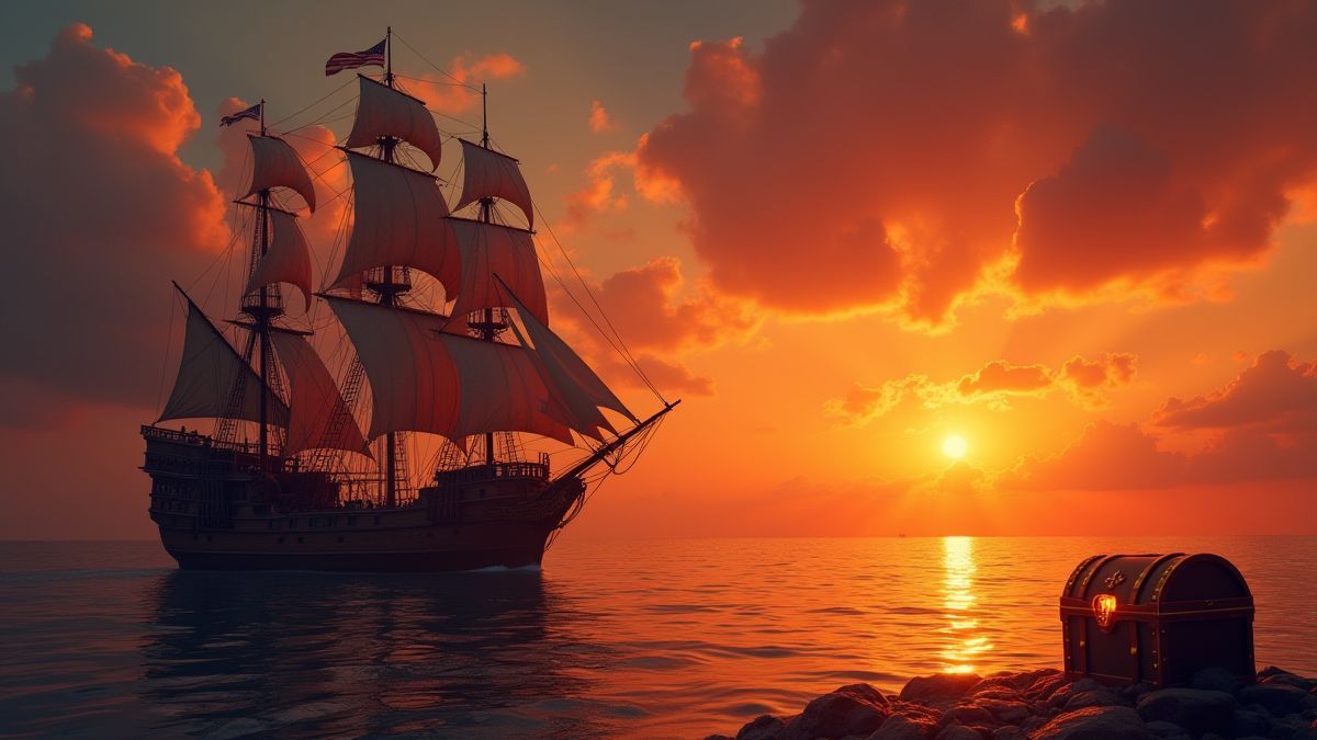 Barco pirata navegando ao pôr do sol com um cofre do tesouro resplandecente.