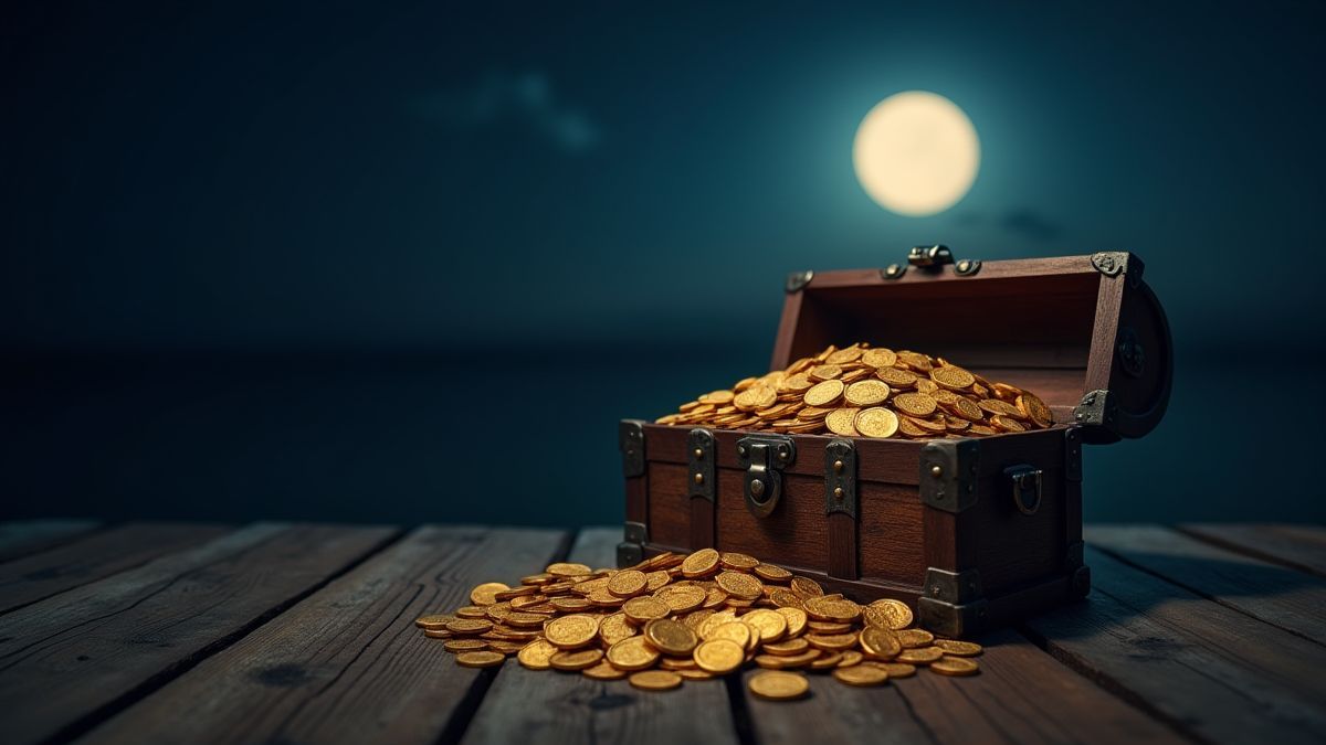 Cofre do tesouro cheio de moedas de ouro sob a luz da lua.