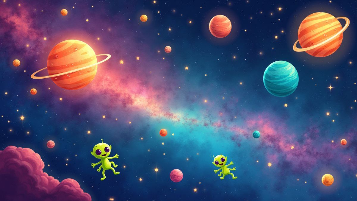 Aliens drijven in een sterrenhemel vol planeten en sterren.