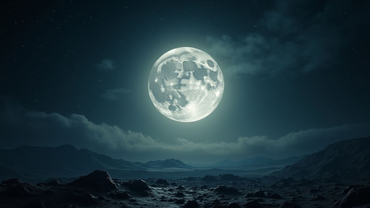 Een stralende volle maan boven een buitenaards landschap.
