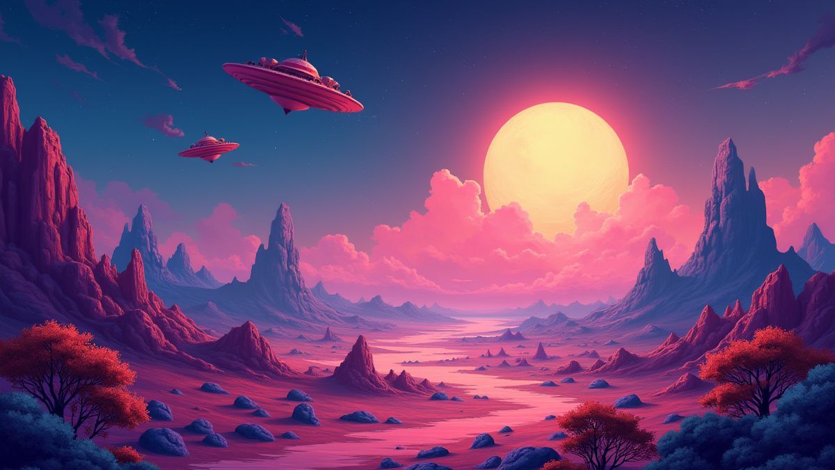 Colorful alien planet with quirky extraterrestrial creatures.