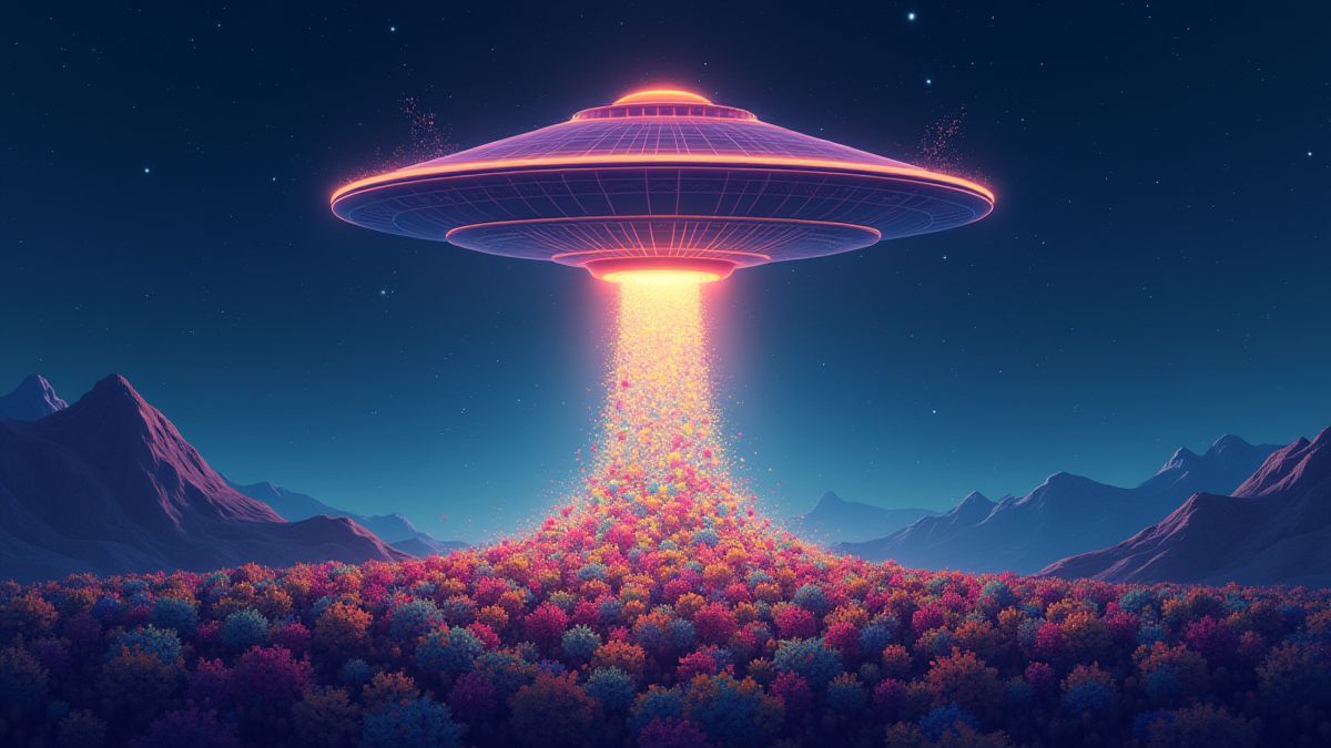 A glowing UFO above colorful clusters of symbols.