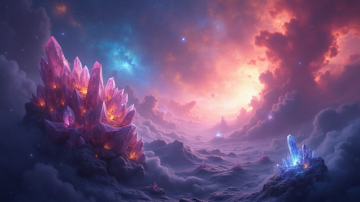 Nebulosas coloridas e cristais flutuantes em uma paisagem cósmica.