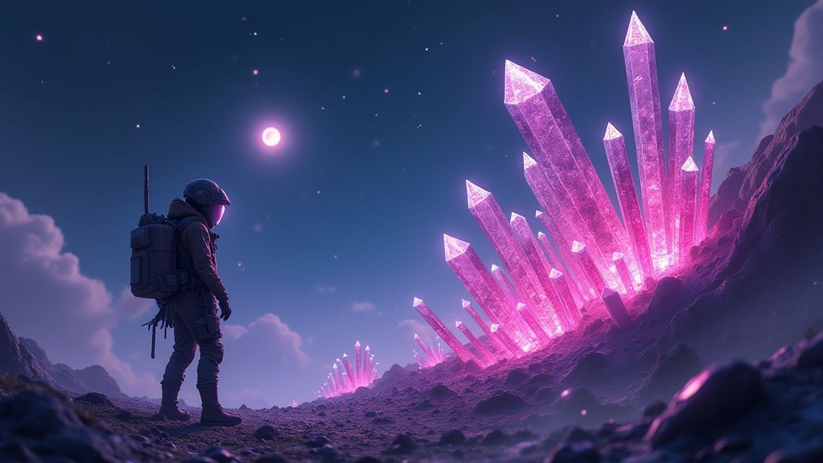 Explorador espacial descobrindo cristais brilhantes em gravidade zero.