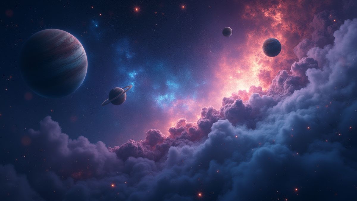 Fonds cosmique avec étoiles brillantes et planètes magiques.