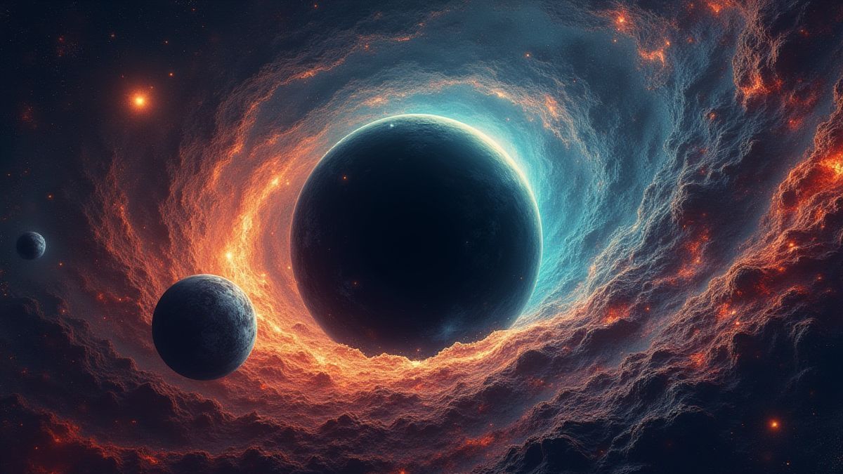 Agujero negro rodeado de planetas coloridos.