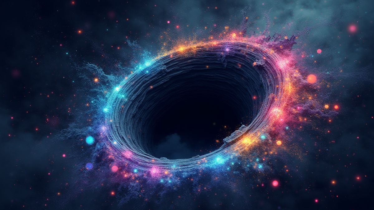Agujero negro atrayendo símbolos coloridos.