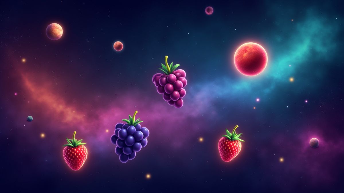 Frutas brillantes flotando en un espacio cósmico.