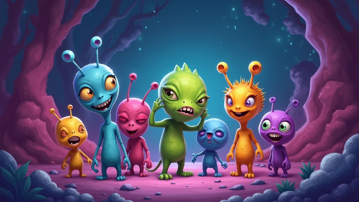 Colorful aliens waiting to be selected in a bonus.